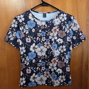 SHEIN Navy Floral Short Sleeve Top